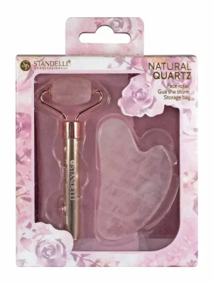 Standelli professional Natural rose quartz Dárková sada masážního válečku a GUA SHA kamene + sametová taštička 3 ks Levný