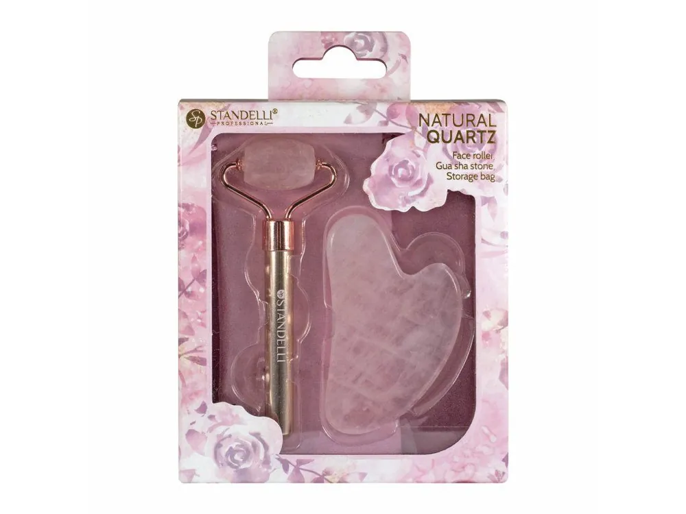 Standelli professional Natural rose quartz Dárková sada masážního válečku a GUA SHA kamene + sametová taštička 3 ks Levný
