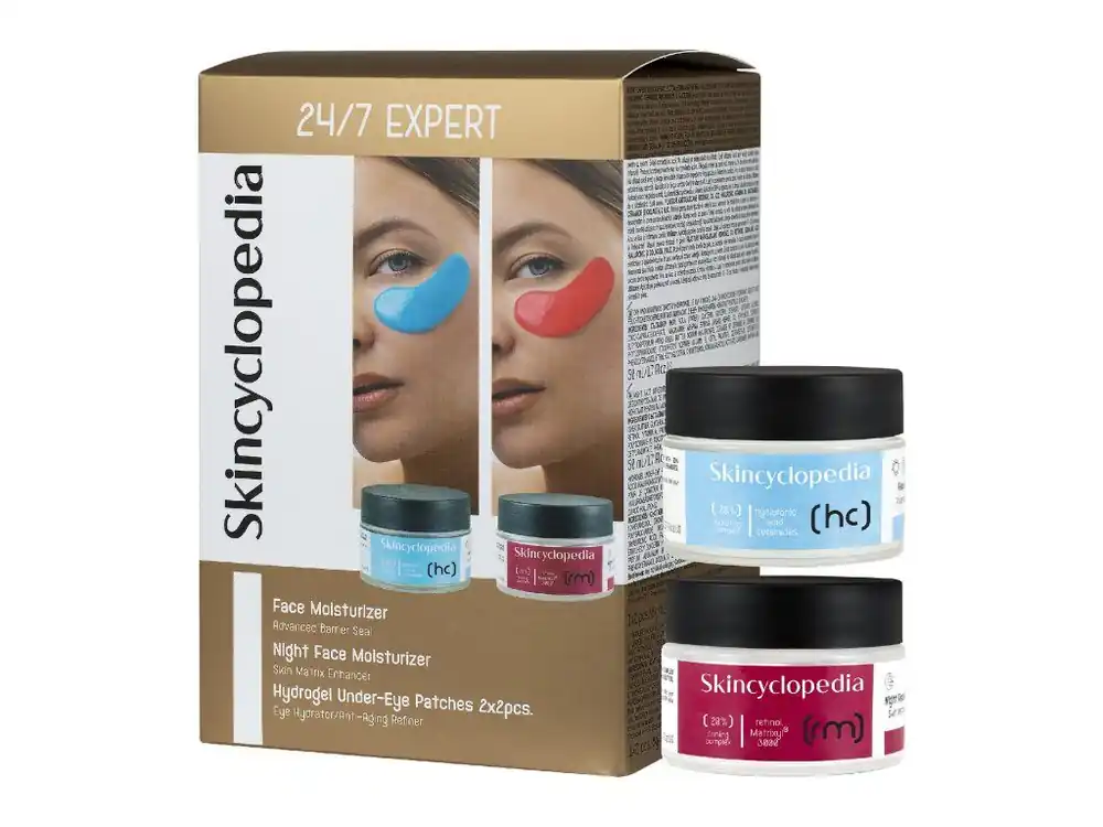 Autentický Skincylopedia 24/7 EXPERT Hydratační denní krém s kyselinou hyaluronovou 50 ml, noční krém s retinolem 50 ml, 2x pár hydrogelových očních masek 6 ks