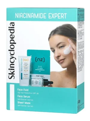 Skincyclopedia Niacinamide Expert Ochranný fluid SPF50 50 ml, pleťové sérum s niacinamidem 30 ml, plátýnková maska se zinkem 3 ks Nejlepší Cena