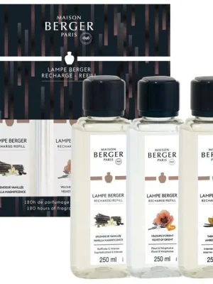 Nová Kolekce MAISON BERGER PARIS Triopack Náplně do katalytické lampy Velkolepá vanilka/Samet z Orientu/Jantarový tabák 3 x 250 ml