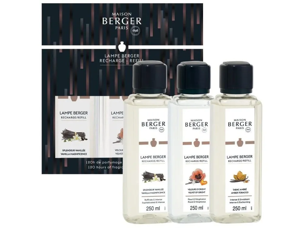 Nová Kolekce MAISON BERGER PARIS Triopack Náplně do katalytické lampy Velkolepá vanilka/Samet z Orientu/Jantarový tabák 3 x 250 ml