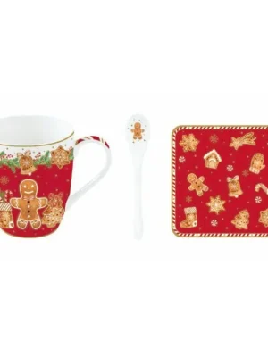 Omezená Nabídka Easy Life Dárková sada Fancy Gingerbread porcelánový hrnek 350 ml porcelánová lžička korkový podtácek 3 ks