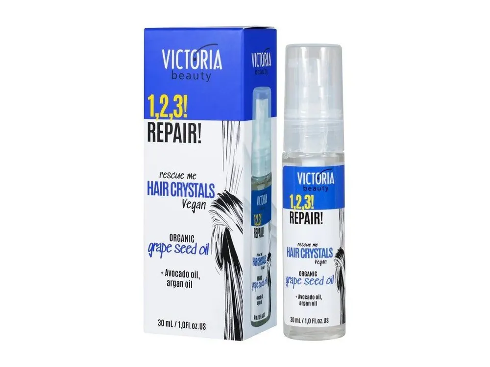 Novinka Victoria beauty 1,2,3 REPAIR Veganské krystaly pro poškozené vlasy s avokádovým a arganovým olejem 30 mL
