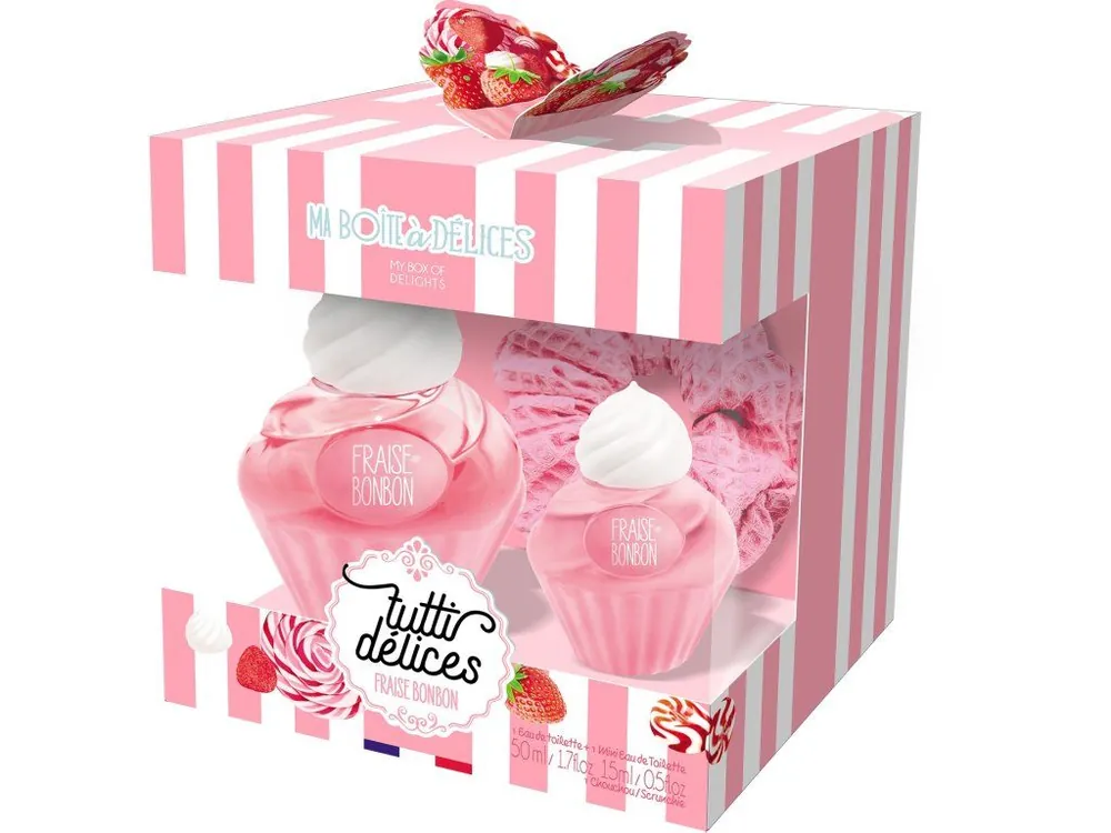 Tutti Délices Dárkový set dvou toaletních vod Strawberry sweet ( Sladké jahody ) 50 mL+15 mL + růžová gumička do vlasů Sleva