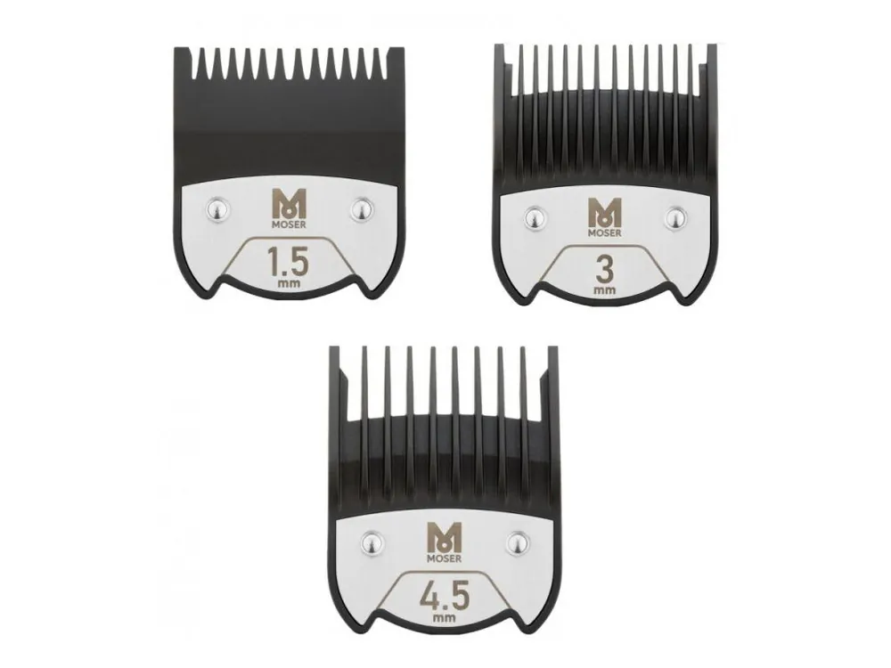 MOSER 1801-7010 Přídavné magnetické hřebeny 1.5mm, 3mm a 4.5mm pro strojky Genio a ChromStyle Ihned K Objednání