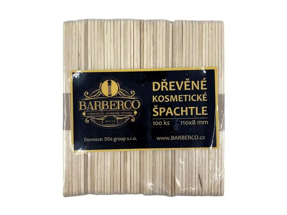 Super Cena BARBERCO Dřevěné MEDIUM špachtle k nanášení vosku 110x8mm - 100ks