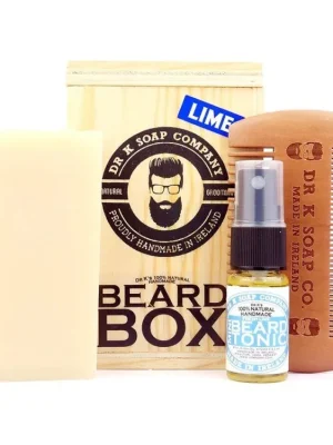 Sada mýdla, hřebenu a tonika na vousy v dřevěném boxu DR K SOAP COMPANY Beard box Lime Pouze Dnes