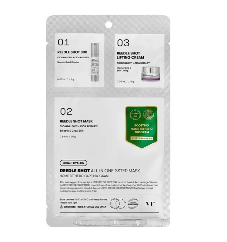 VT COSMETICS 3kroková pleťová péče s mikrojehličkami REEDLE SHOT All In One 3Step Mask (1,5 g + 1,5 g + 25 g) Víkendová Akce