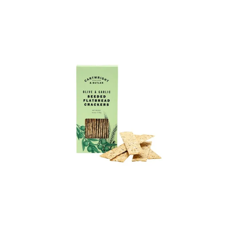 Seeded Flatbread Crackers - Olive & GarlicSemínkové krekry s česnekem a olivami, 130 g Hit Sezóny