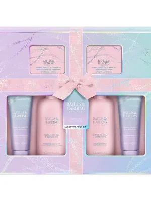 Výprodej Jojoba, Vanilla & Almond oil - sada tělové péče, 6 ksvelká dárková sada pro péči o tělo během sprchy, koupele i následné hydratace