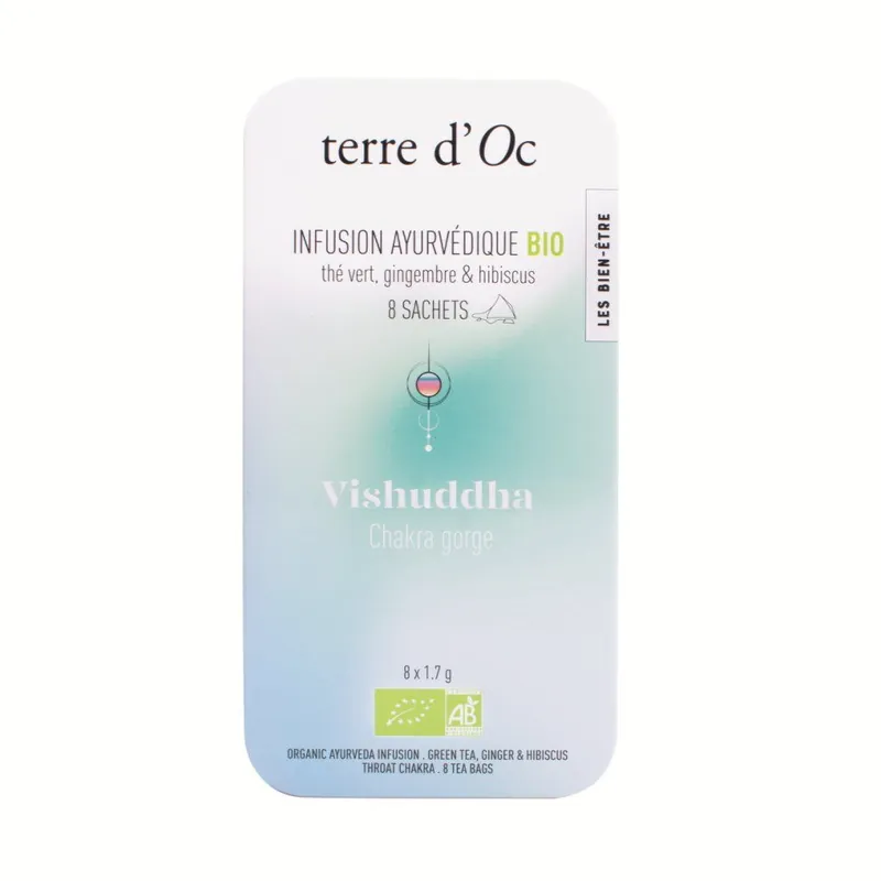 Vishuddha - Thé Vert, Gingembre & HibiscusBIO Ajurvédský bylinný čaj, 8 čajových sáčků Nakupujte Hned