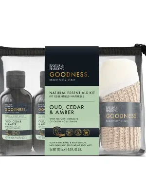 Goodness - Oud, Cedr & AmbraSada péče o tělo v kosmetické taštičce, 4 ks Oblíbený