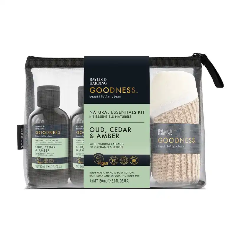 Goodness - Oud, Cedr & AmbraSada péče o tělo v kosmetické taštičce, 4 ks Oblíbený