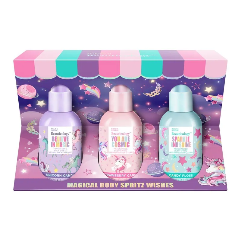 Unicorn - sada tělových sprejů, 3 ksdětské tělové spreje s vůní cukrovinek, jahodových bonbonů a cukrové vaty Značkový