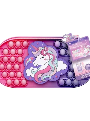 Zlevněný Unicorn - sada s péčí o tělo a rty, 3 kshravá dětská mini sada tělových produktů s vůní cukrovinek v pop it pouzdře