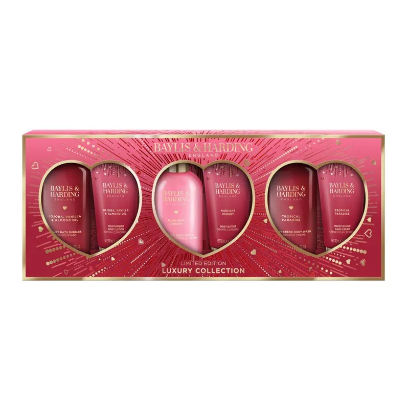 Midnight Cherry - kolekce péče o tělo, 6 kssada tělových produktů z kolekce Midnight Cherry, Tropical Paradise a Jojoba,Vanilla & Almond Oil Nová Kolekce