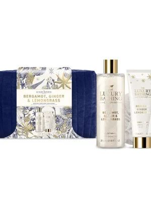 Bergamot, Ginger & Lemongrass - sada s péčí o tělo a houbičkou, 3 kspraktická sada mycí houbičky a tělových produktů v kosmetické taštičce Nakupujte Hned