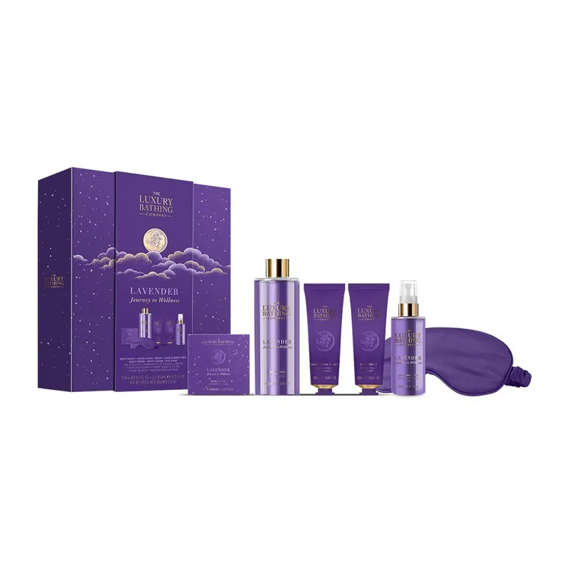 Super Cena Lavender - sada s péčí o tělo, ruce a vlasy, 6 ksvelká relaxační sada tělové mlhy, masky na spaní a pečující kosmetiky s vůní levandule
