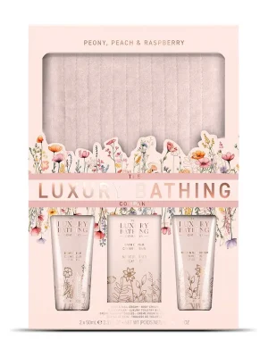 Peony, Peach & Raspberry - sada s péčí o tělo a ruce, 4 kssada kosmetické taštičky, krému na ruce a na tělo a perliček do koupele s vůní pivoňky a ovoce Víkendová Akce
