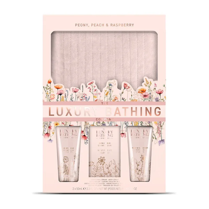 Peony, Peach & Raspberry - sada s péčí o tělo a ruce, 4 kssada kosmetické taštičky, krému na ruce a na tělo a perliček do koupele s vůní pivoňky a ovoce Víkendová Akce