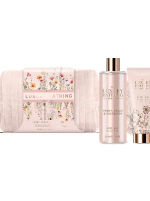 Akční Nabídka Peony, Peach & Raspberry - sada s péčí o tělo, 3 kspraktická dámská sada tělových produktů v kosmetické taštičce