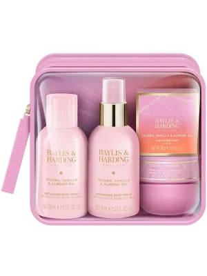 Poslední Šance Jojoba, Vanilla & Almond Oil - sada s péčí o tělo, 4 kscestovní sada tělových produktů a mlhy na tělo v toaletní taštičce