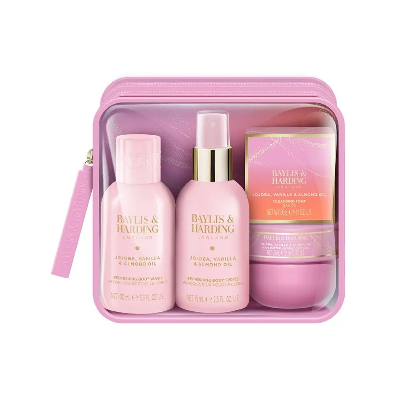Poslední Šance Jojoba, Vanilla & Almond Oil - sada s péčí o tělo, 4 kscestovní sada tělových produktů a mlhy na tělo v toaletní taštičce