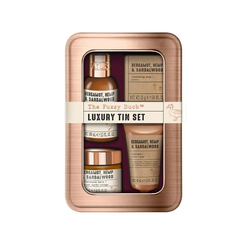 Nejlepší Cena Bergamot, Hemp & Sandalwood - sada péče o tělo, vlasy a pleť, 4 kspánská dárková sada s péčí o tělo, vlasy a pleť v plechové dóze