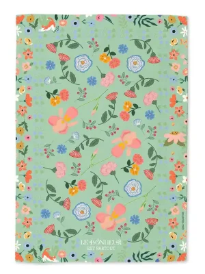 Štěstí je všude, zelená s kvítkyDesignová utěrka z organické bavlny, 50 × 70 cm Rychlé Dodání