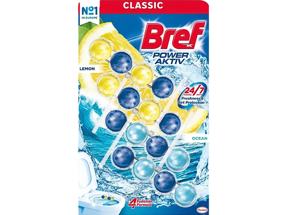 Časově Omezené Bref WC blok Power Aktiv 4 ks (4x50g) Lemon & Ocean