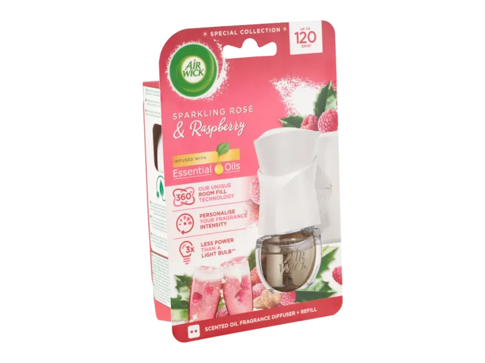 Air Wick elektrický strojek s náplní 19 ml Essential Oils Sparkling Rosé & Raspberry Novinka