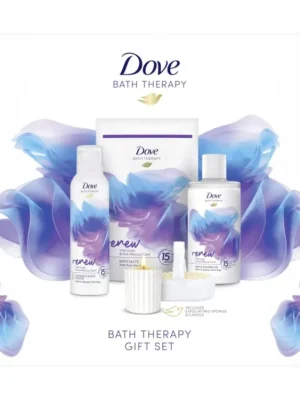 Časově Omezené Dove dárková sada Bath Therapy Renew (sprchový gel 400 ml + sprchová pěna 200 ml + sůl do koupele 400 g + exfoliační houba + svíčka)