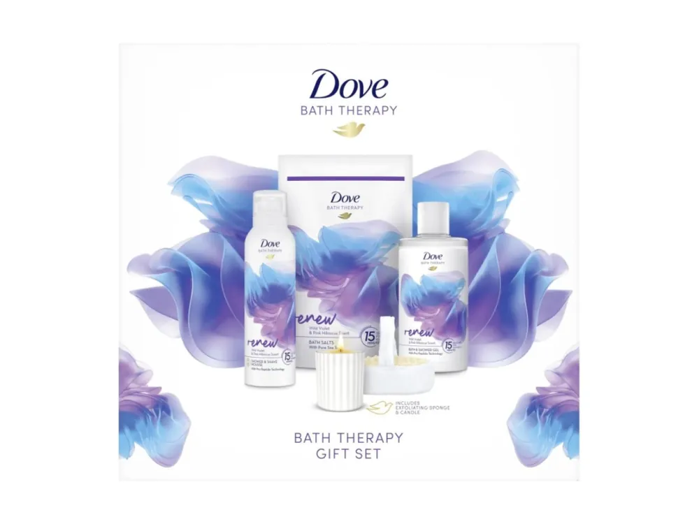 Časově Omezené Dove dárková sada Bath Therapy Renew (sprchový gel 400 ml + sprchová pěna 200 ml + sůl do koupele 400 g + exfoliační houba + svíčka)