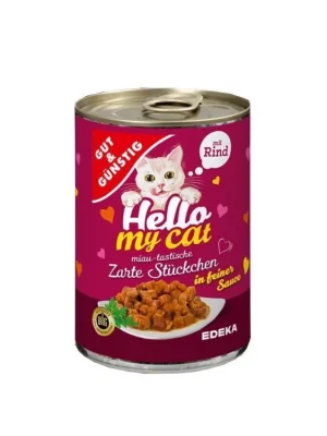 Speciální Cena Gut & Günstig Hello My Cat konzerva 415 g Hovězí maso v omáčce