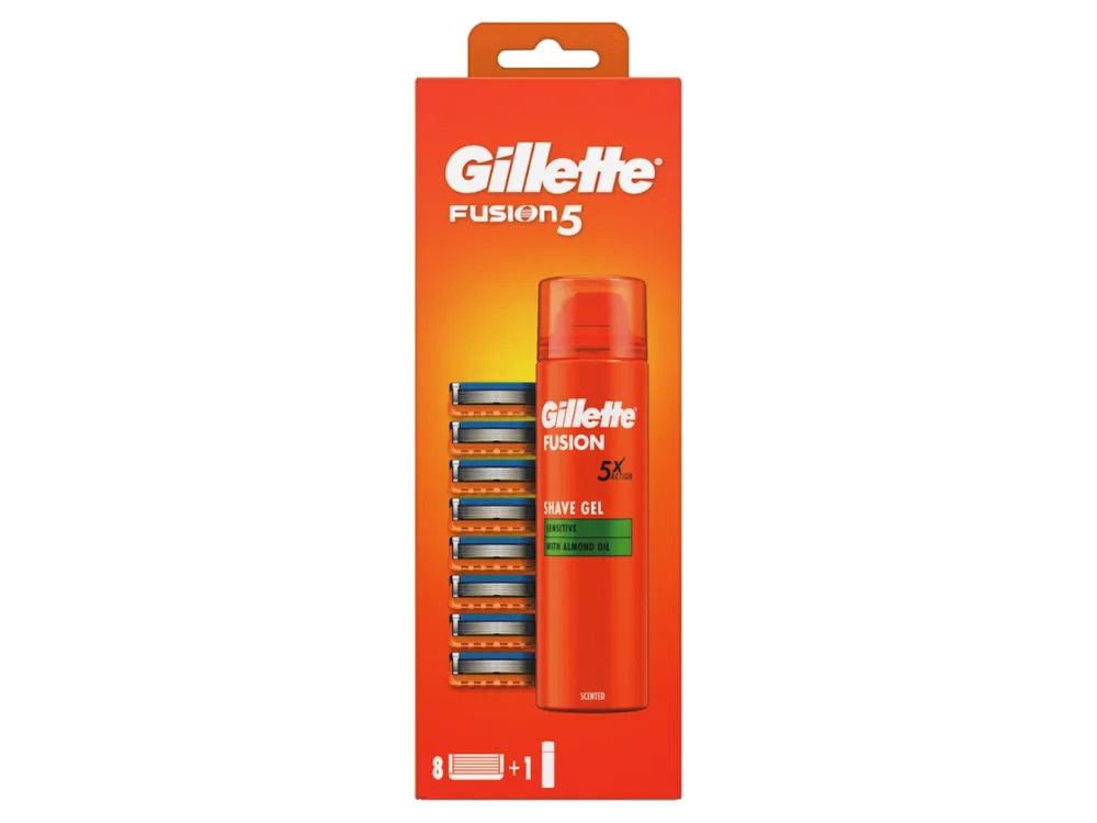 Gillette náhradní hlavice Fusion5 8 ks + gel na holení 200 ml Sensitive Zlevněný