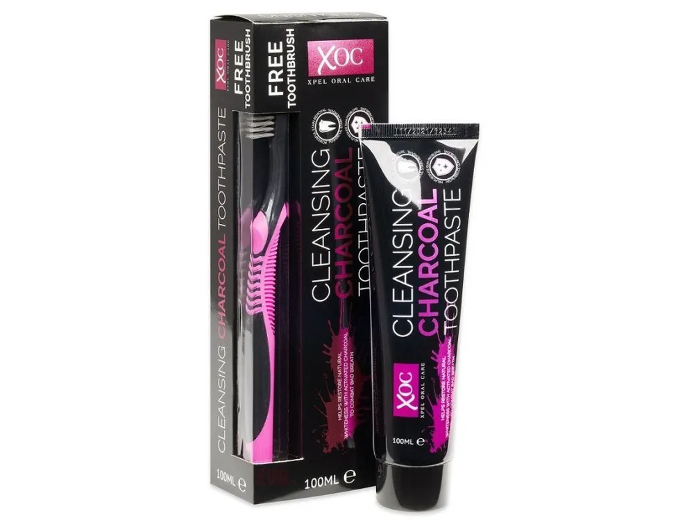 Top Prodej XOC Charcoal bělicí zubní pasta s aktivním uhlím 100 ml + zubní kartáček zdarma