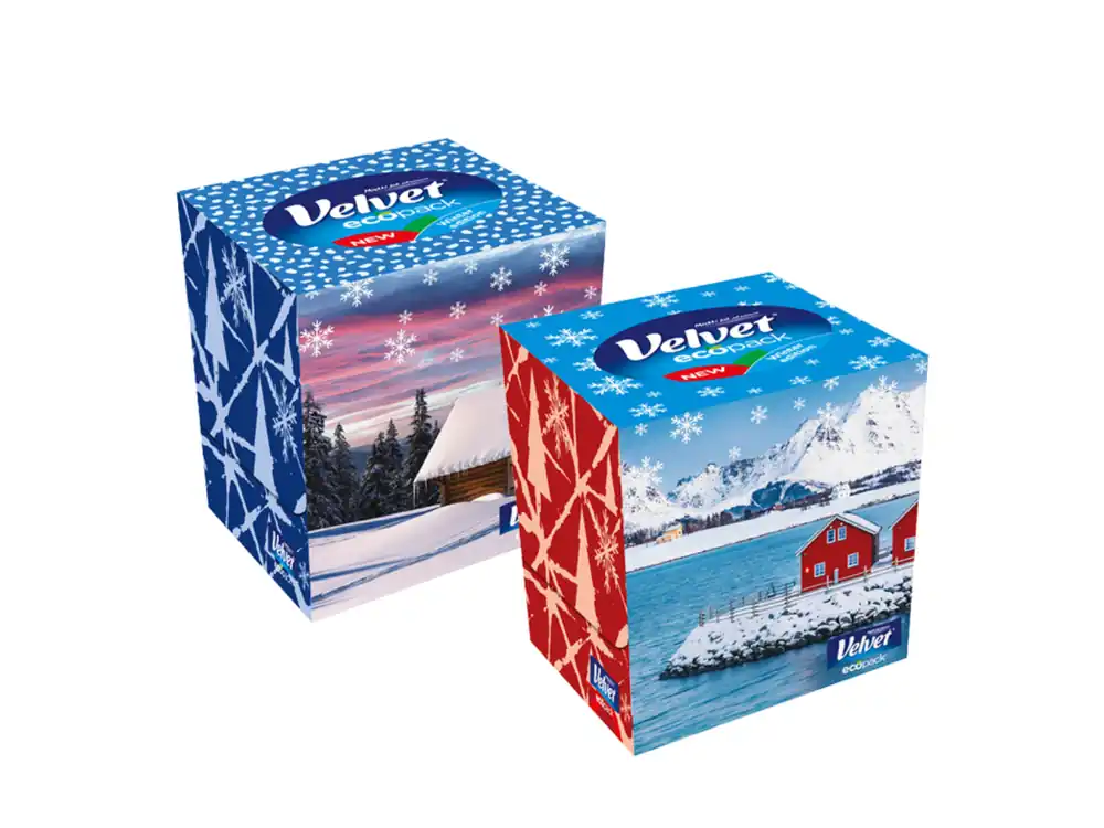 Velvet papírové kapesníky BOX 60 ks 3-vrstvé Winter Edition Víkendová Akce