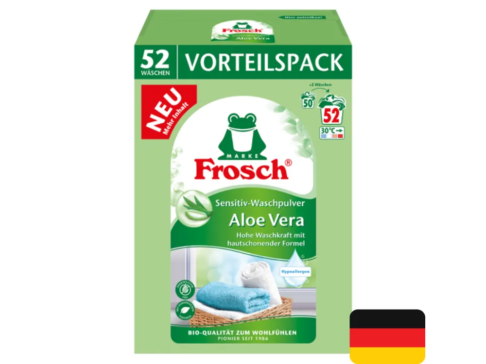 Finální Výprodej Frosch prací prášek 52 dávek Sensitiv Aloe Vera 3,432 kg