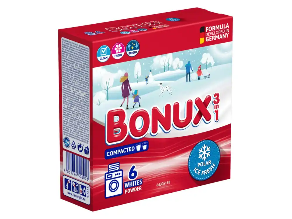 Bonux 3v1 prací prášek 6 dávek Whites Polar Ice Fresh 0,39 kg (EXP 5/26) Akční Cena