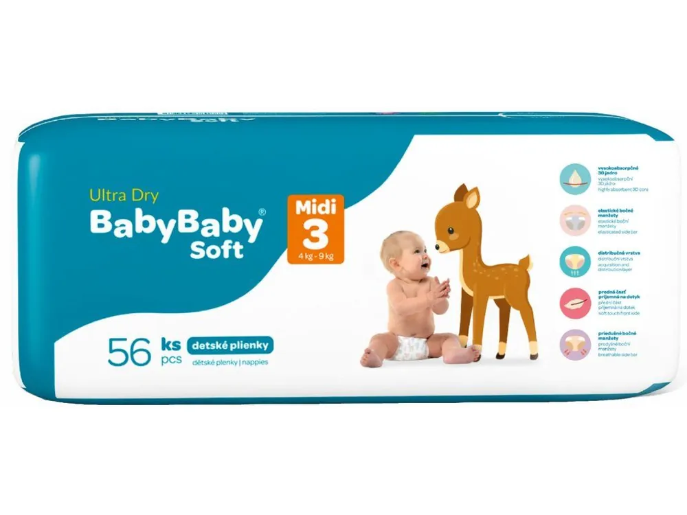 Vrácení Zdarma BabyBaby Soft plenky č. 3 Midi (4-9 kg) 56 ks