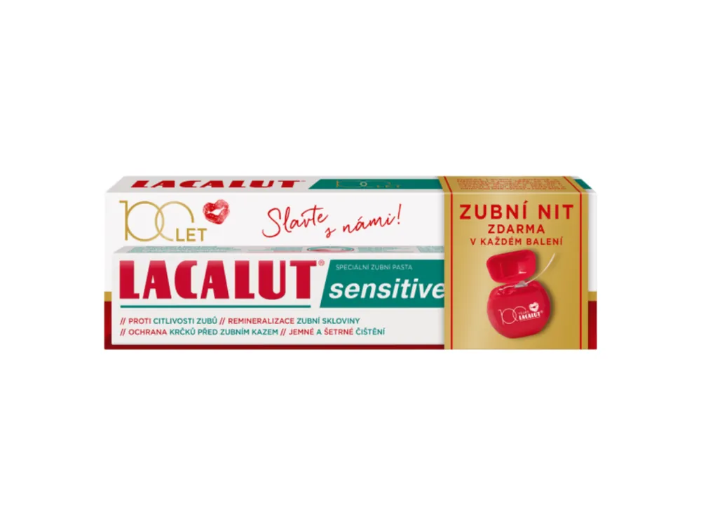 Lacalut zubní pasta 75 ml Sensitive + zubní nit zdarma Akční Cena