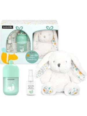 Suavinex, dárkový koš pro miminka, dětská kolínská voda Memories 100 ml + cestovní balení 50 ml + plyšová hračka pro miminka-poškozená krabice Oblíbený