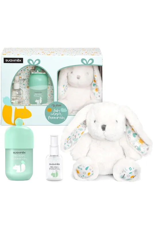 Suavinex, dárkový koš pro miminka, dětská kolínská voda Memories 100 ml + cestovní balení 50 ml + plyšová hračka pro miminka-poškozená krabice Oblíbený