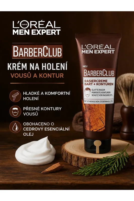 L’Oréal Men Expert Barber Club Krém na holení vousů a kontur s cedrovým olejem 150 ml Cenově Výhodný