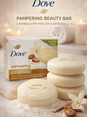Dove Pampering Beauty Bar – hydratační mýdlo s bambuckým máslem a vanilkou (4 ks) Cenový Hit
