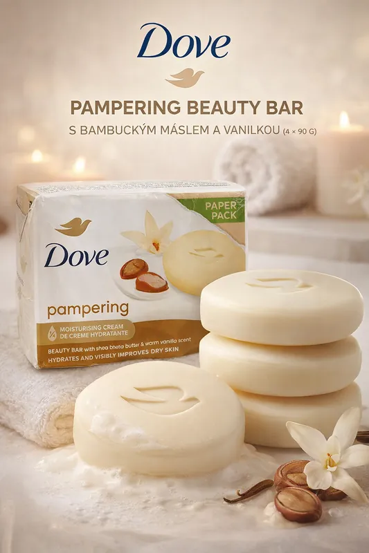 Dove Pampering Beauty Bar – hydratační mýdlo s bambuckým máslem a vanilkou (4 ks) Cenový Hit