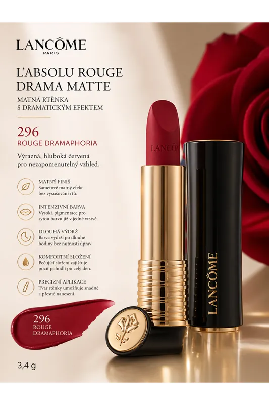 Lancôme L’Absolu Rouge Drama Matte – odstín 296 Rouge Dramaphoria 3,4g Hit Sezóny