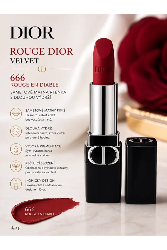 Oblíbený Dior Rouge Dior Velvet – odstín 666 Rouge en Diable - Ikonická luxusní rtěnka 3,5g