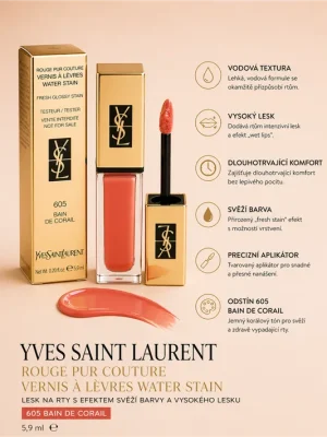 Yves Saint Laurent Rouge Pur Couture Vernis À Lèvres Water Stain – lesk na rty (605 Bain de Corail) Doprava Zdarma